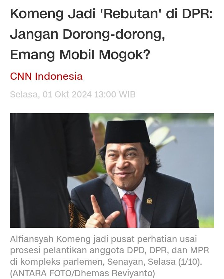 Let's See 

"Eh jangan dorong-dorong, emang gue mobil mogok?" Kata Komeng.

Komeng tak banyak bicara saat ditanya awak media mengenai apa yang akan ia lakukan ke depan. Namun, dia mengaku ingin fokus di bidang seni dan budaya lewat Komite III DPD.