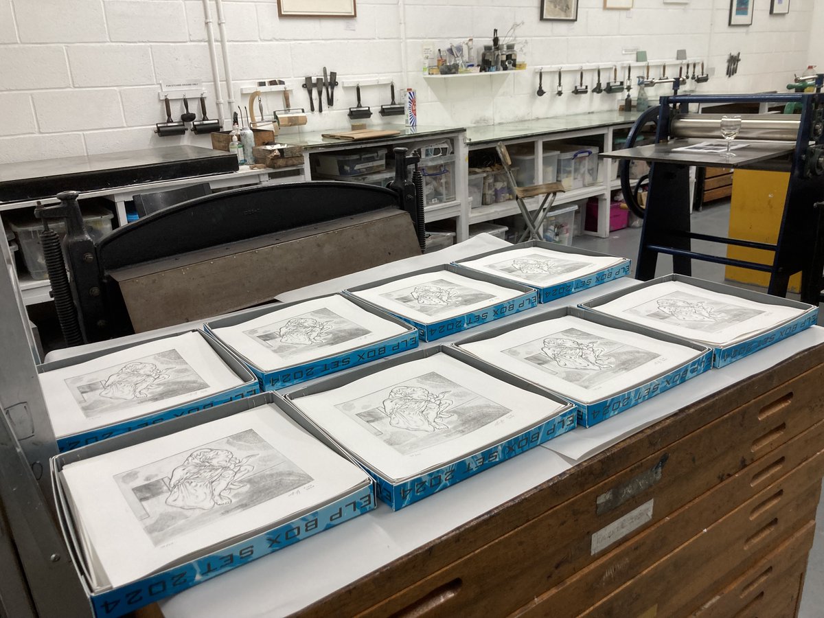 KateLAspinall's tweet photo. Amazing box filling party last night at @ELPstudio! Final box has so many beautiful prints! Proud to have my drypoint Floating Woman no. 5 amongst them https://t.co/RKo2SeezkD