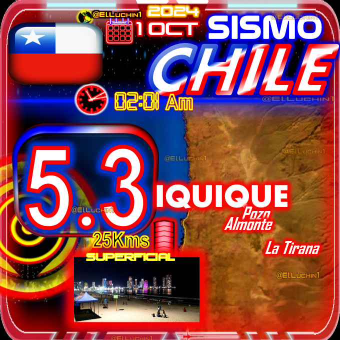 elluchin1's tweet photo. 🇨🇱 #Alerta⚠ #BienvenidoOctubre
con➡#Temblor 🔴 5.3
🌃Iquique al Oeste Tarapaca Chile 🇨🇱
⏱02:01 Am SUPERFICIAL 🔰
#Terremoto #Sismo #Ciberday https://t.co/0EJNP8dlEE
