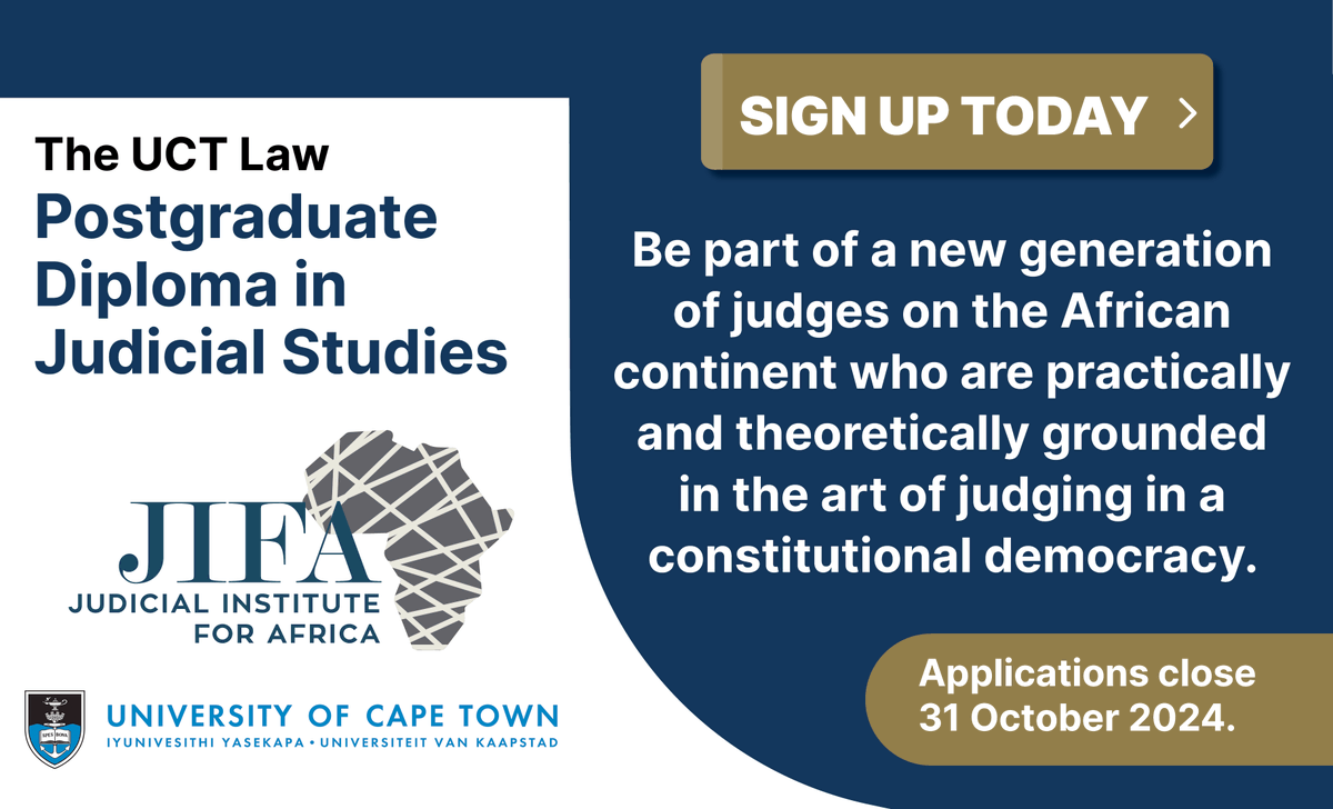 JIFA_Official's tweet photo. Applications for the @UCTLaw Postgraduate Diploma in Judicial Studies close at the end of October. Don’t miss out. Apply today: https://t.co/t78evSR9dJ
#JudicialStudies #PostGraduate #UCTLaw https://t.co/pjY43OFyJD