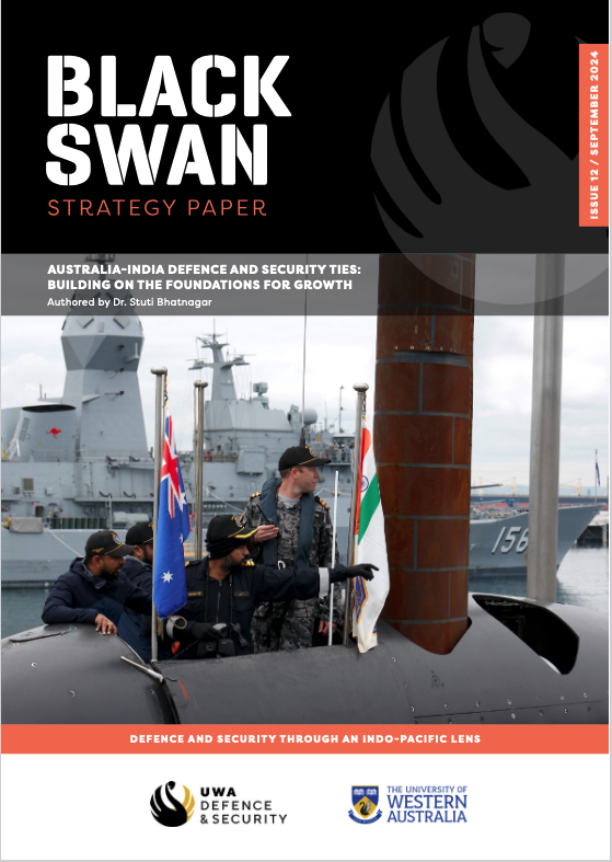 DefenceUwa's tweet photo. We are excited to announce the launch of our latest Black Swan Strategy Paper: Australia-India Defence &amp; Security Ties: Building on the Foundations for Growth, authored by @BhatnagarStuti. It delves into the evolving multi-stakeholder def &amp; sec engagement btwn Australia &amp; India. https://t.co/yKADFjT4aJ