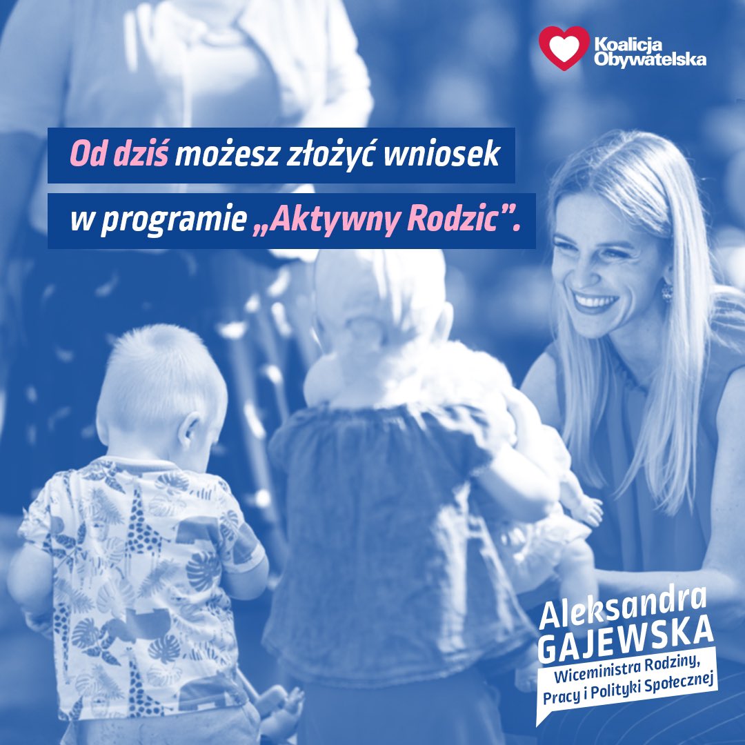 AGajewska's tweet photo. Wystartował program „Aktywny Rodzic” ❤️

Od dziś rodzice dzieci w wieku 1-3 lata mogą złożyć wniosek na jedno z trzech świadczeń: 

🔷 Aktywni rodzice w pracy („babciowe”)
🔷 Aktywnie w żłobku 
🔷 Aktywnie w domu https://t.co/Y8uguDvkF2