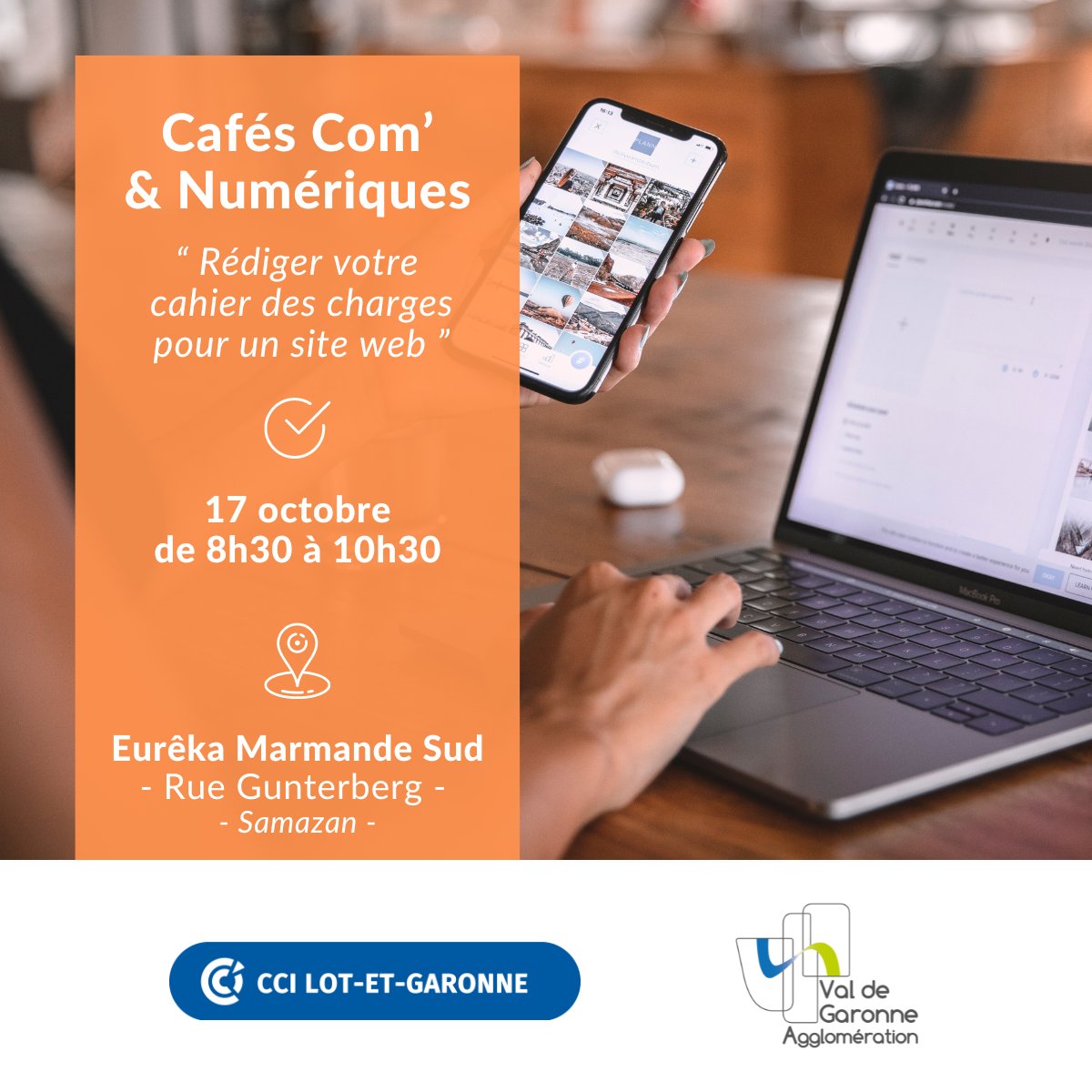 [AGENDA]
👉 La CCI47 et Val de Garonne Agglomération proposent aux entreprises du territoire une série de rendez-vous numériques, les "Café Com' &amp; Numériques" !

Participation gratuite, inscription obligatoire : swll.to/B3CzU

#numérique #marmande #VGA #CCI47