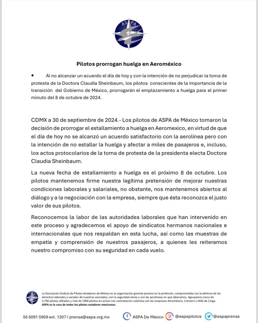 Estefamw's tweet photo. Prórroga al 8 de octubre. Aún no hay acuerdo (y no hay que robarle el reflector a la presi, no se vaya a enojar.) Mañana y hasta el 7 de octubre vuelos operan normalmente. Continuan las negociaciones. #aeromexico #huelga #aspa #ComunicadoOficial https://t.co/mlH71cCkoj
