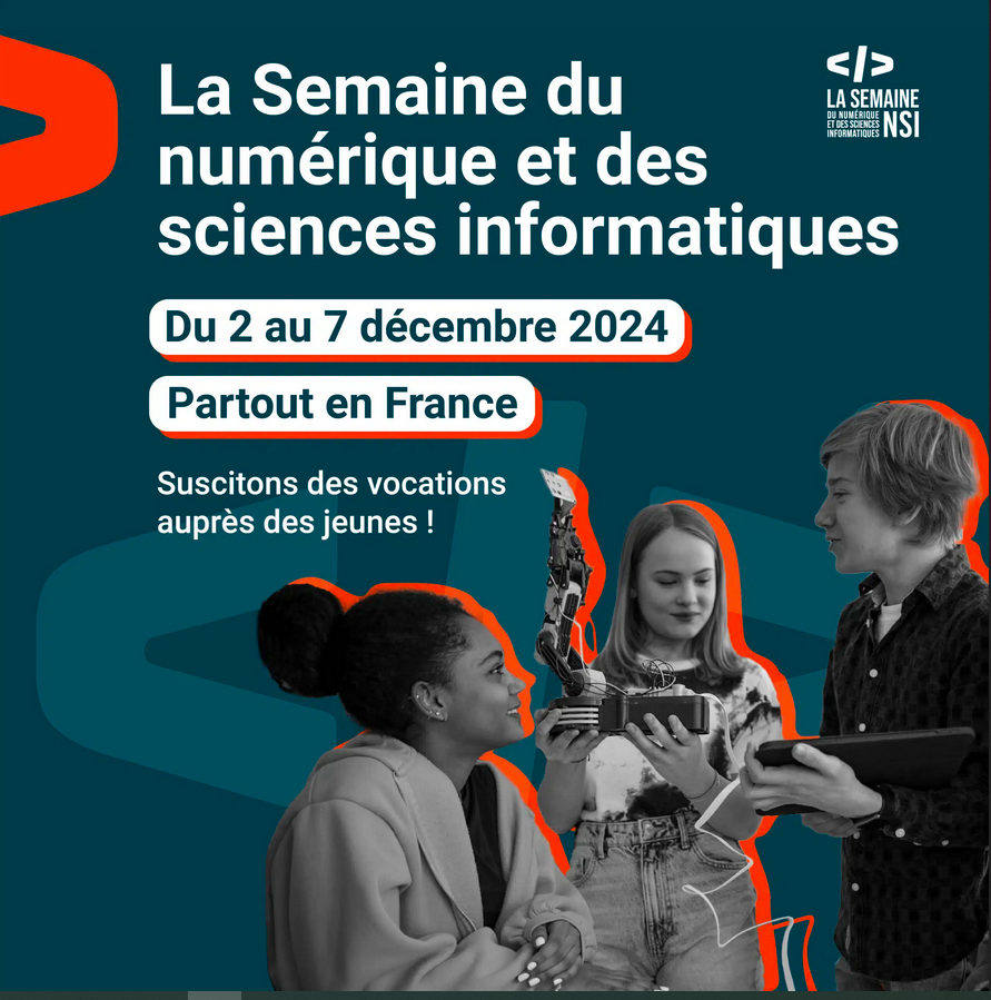 Eduscol's tweet photo. 📢 La 2e édition de la #SemaineNSI se tiendra du 2 au 7 décembre 2024

Pour préparer votre semaine et susciter des vocations chez vos élèves, @SemaineNSI vous donne rendez-vous à une réunion d'information le vendredi 4 octobre 2024 à 9h30 🗓

ℹ https://t.co/2CPDWa7kvr https://t.co/gUhsYt6Sy3