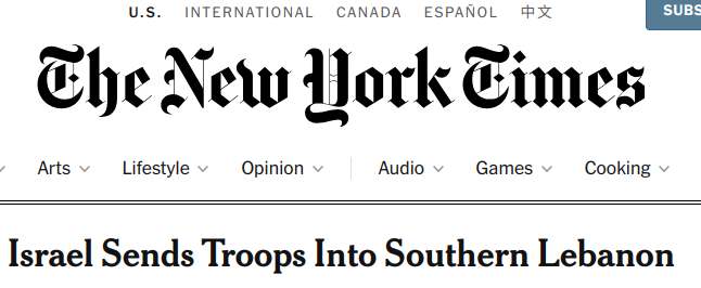luciopicci's tweet photo. Why not call it a "special military operation", @nytimes?

"Isreael Sends Troops Into Southern Lebanon" https://t.co/fETxMQgxDo