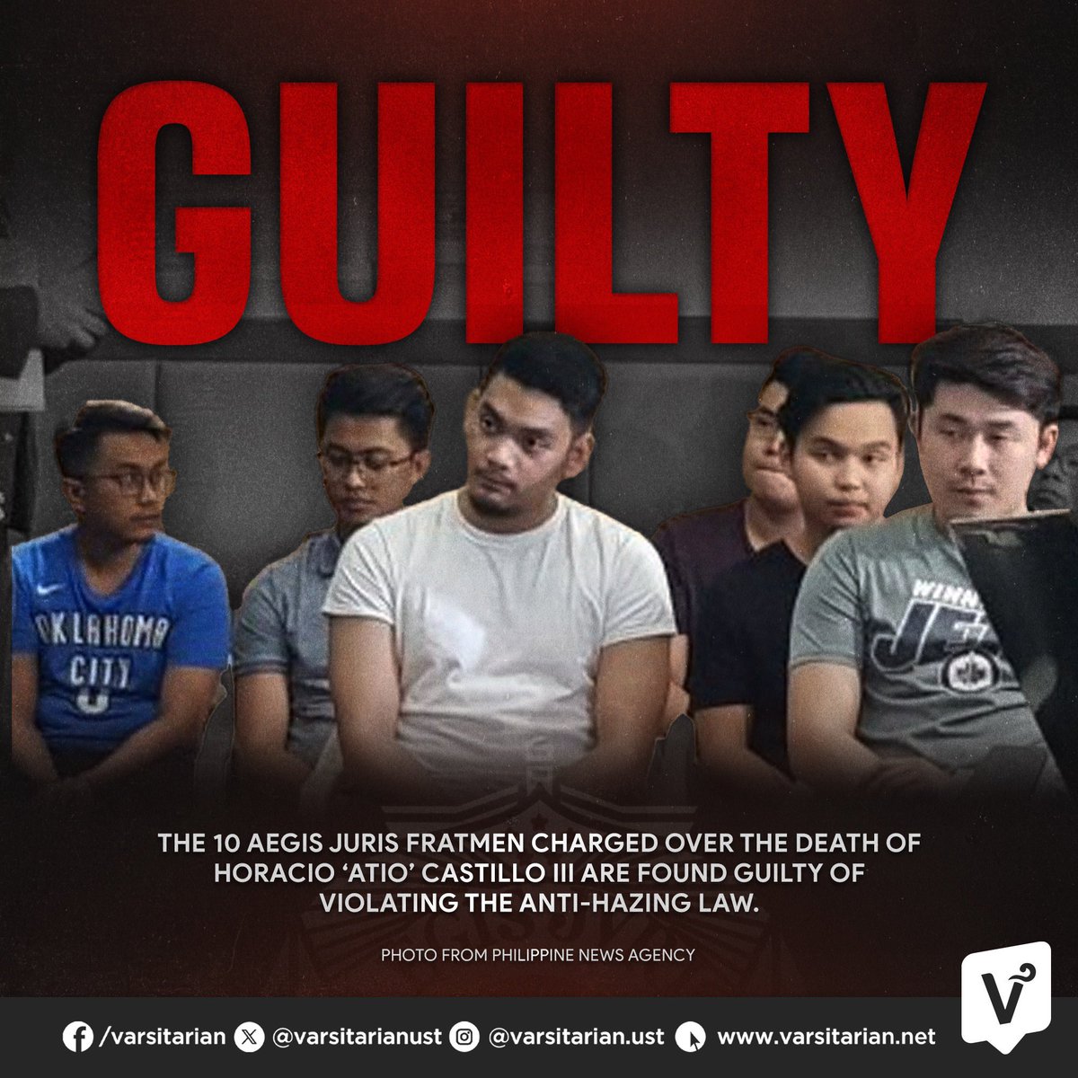 AEGIS 10 GUILTY FOR ATIO’S DEATH

JUST IN: Ten Aegis Juris fratmen charged over the death of Horacio “Atio” Castillo III are found GUILTY of violating the Anti-Hazing Law, based on the verdict released by Manila Regional Trial Court Branch 11 on Tuesday. 

The following are