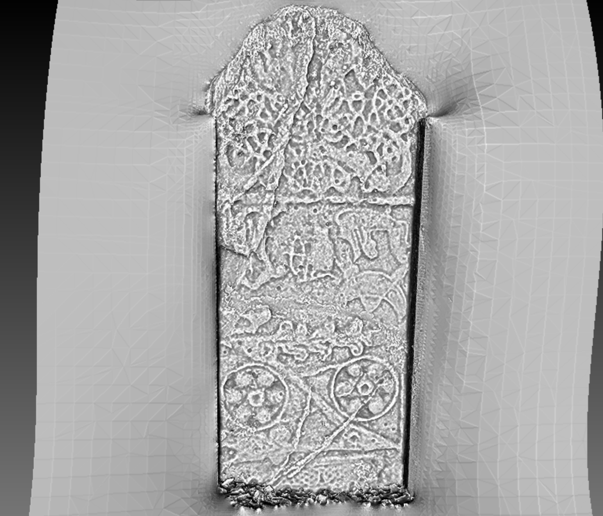 Some renders from a recent #3d #photogrammetry capture of the very weathered Class II #Pictish symbol stone, the "Princess Stone" (or Glenferness). There are some lovely swirly designs on the front and an array of interesting symbols and figures on the rear