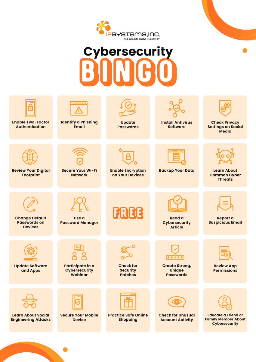 Join us in a bingo challenge and let’s check off important cybersecurity habits together. 

Make smart choices to protect your data and digital identity. Stay vigilant and always remember to think before you click. 

#CybersecurityAwareness #CybersecurityTips #IPSYSTEMSPH
