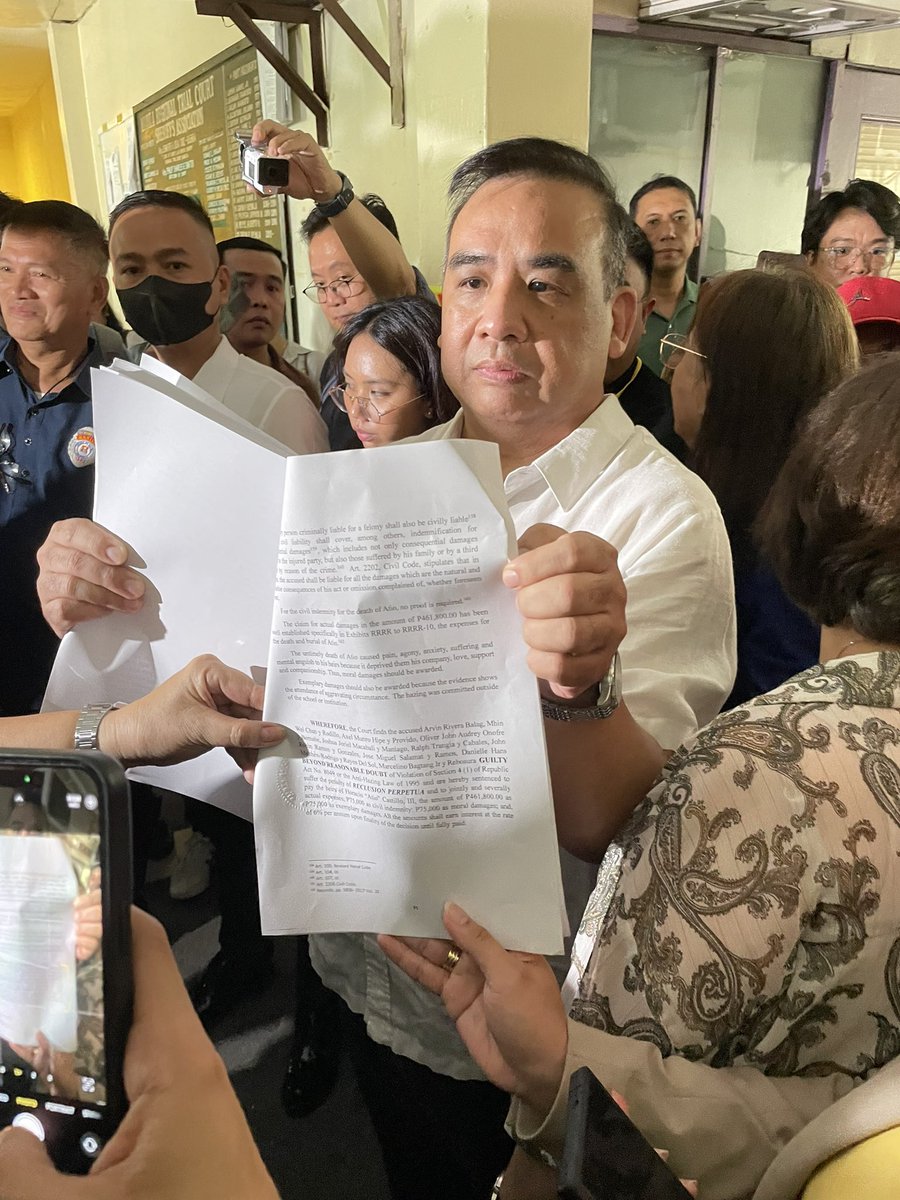 BREAKING: Manila RTC Branch 11 Acting Presiding Judge Shirley Magsipoc-Pagalilauan finds all 10 accused Aegis Juris fratmen GUILTY in the hazing of Atio Castillo. 

The accused were sentenced to reclusion perpetua. | via <a href="/adrianayalin/">Adrian Ayalin</a>