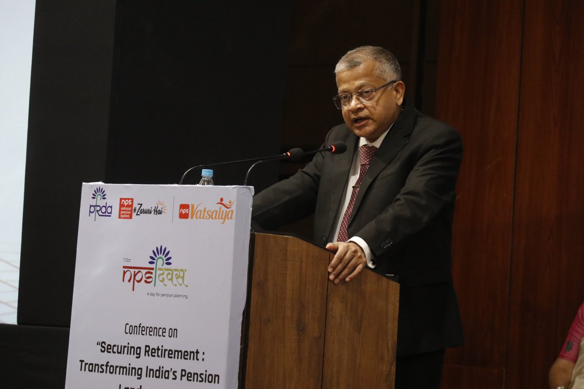 PFRDAOfficial's tweet photo. In the plenary session  we had the privilege of hearing from:

Dr. Deepak Mohanty, Chairperson, PFRDA
Dr. VK Paul, Member, NITI Aayog
Dr. V. Anantha Nageswaran, Chief Economic Advisor to the Government of Ministry of Finance, GOI
Ms. Mamta Shankar, WTM (Eco), PFRDA

#NPSDiwas https://t.co/cp5iWYQADN