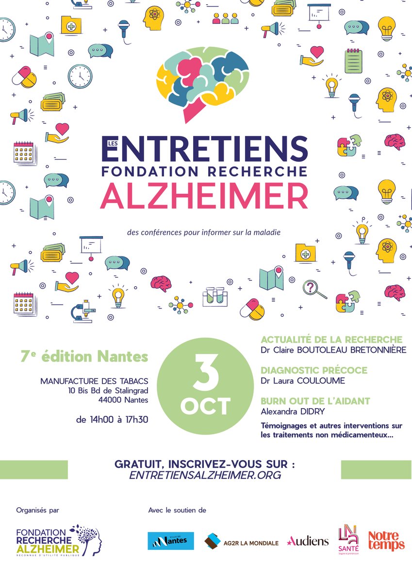 Fondation Recherche Alzheimer (@alzh_fondation) on Twitter photo 📢Retrouvez-nous le 3 octobre à 14h à Nantes pour les Entretiens Alzheimer
Avec Dr Claire Boutoleau-Bretonnière et Dr Laura Couloume du <a href="/CHUnantes/">CHU de Nantes</a>
Merci à nos partenaires : <a href="/nantesfr/">Ville de Nantes</a> <a href="/AG2RLAMONDIALE/">AG2R LA MONDIALE</a> <a href="/GroupeAudiens/">Audiens</a> <a href="/LNA_Sante/">LNA Santé</a> <a href="/NotreTemps/">Notre Temps</a> 📢Retrouvez-nous le 3 octobre à 14h à Nantes pour les Entretiens Alzheimer
Avec Dr Claire Boutoleau-Bretonnière et Dr Laura Couloume du <a href="/CHUnantes/">CHU de Nantes</a>
Merci à nos partenaires : <a href="/nantesfr/">Ville de Nantes</a> <a href="/AG2RLAMONDIALE/">AG2R LA MONDIALE</a> <a href="/GroupeAudiens/">Audiens</a> <a href="/LNA_Sante/">LNA Santé</a> <a href="/NotreTemps/">Notre Temps</a>
