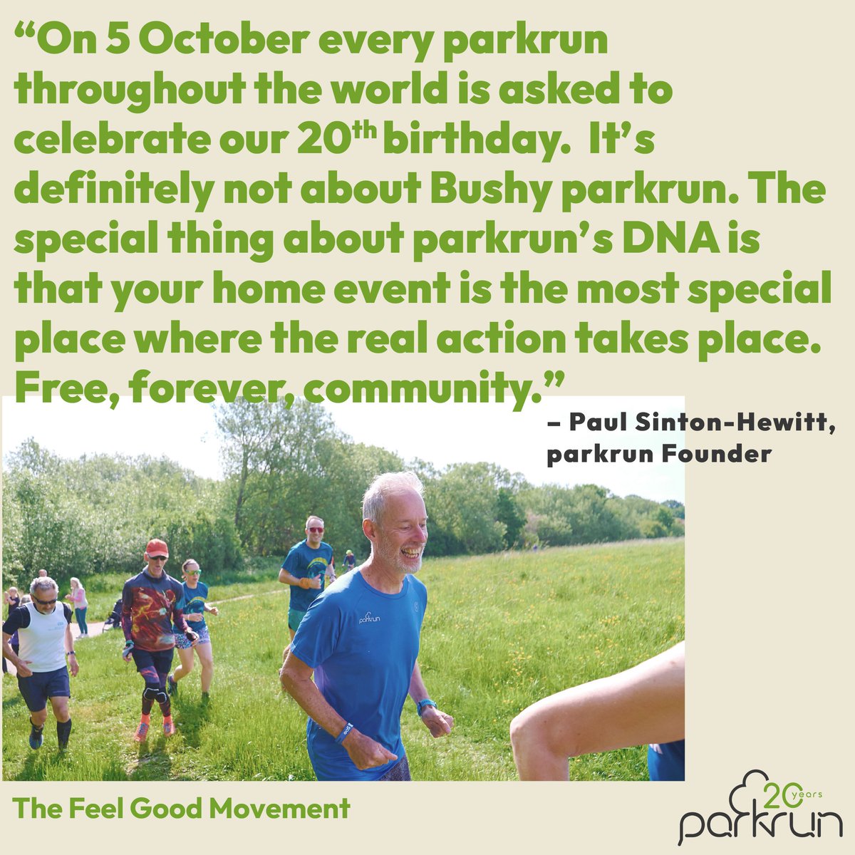 We can’t wait to celebrate our 20th anniversary with you at parkruns around the world this weekend 🎊

#TheFeelGoodMovement