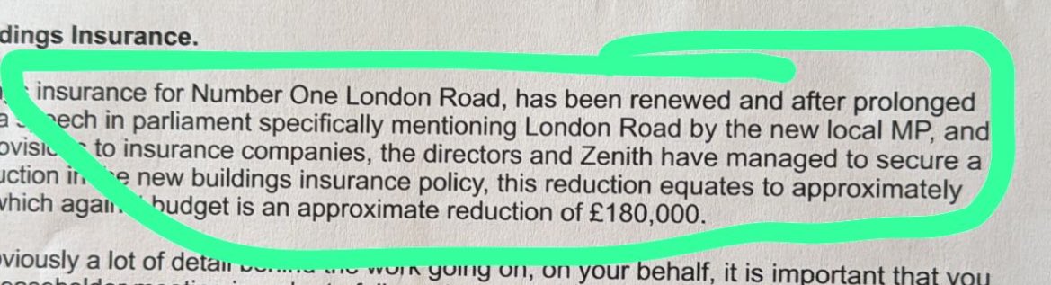 <a href="/RH_residents/">Richmond House Residents</a> @BritishInsurers It’s progress but raises so many more questions. A few words from me saved 93 of my constituents £180,000 each. I will be going back to the Chamber next week to see if we can get it reduced further.