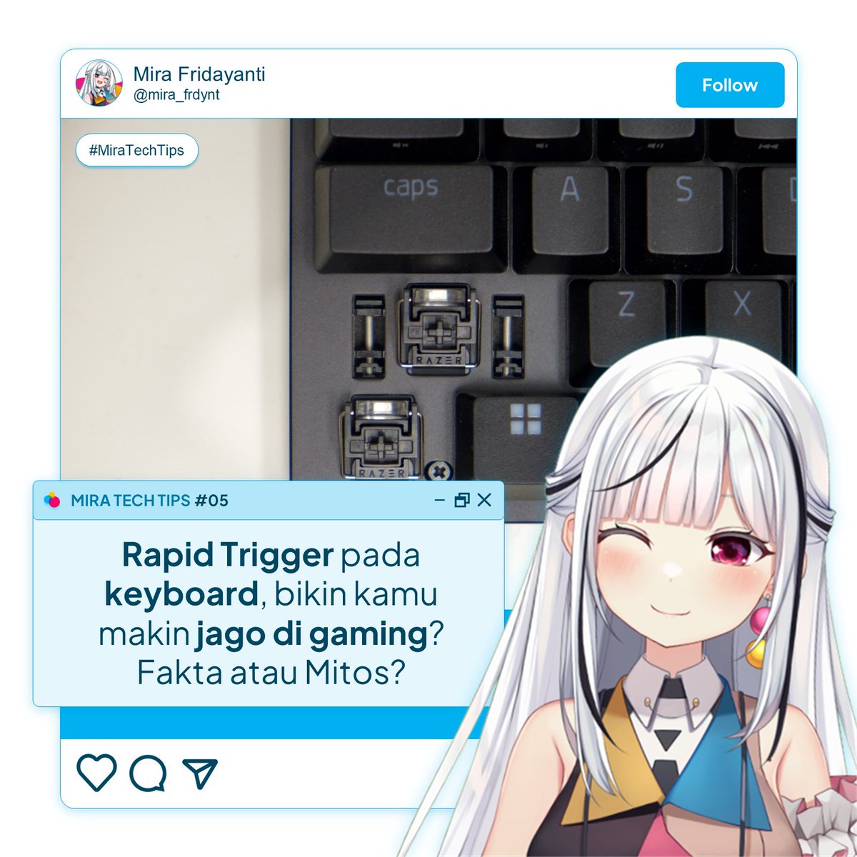 mira_frdynt's tweet photo. Kamu sering ke-"garem" sama orang yang doyan pamer keyboard dengan rapid trigger? 

Konon katanya, kalau pake rapid trigger bisa jago gaming loh! Terutama game rhythm dan FPS, bener gak tuh? 

Pada #MiraTechTips kali ini yuk bahas Keyboard Rapid Trigger! https://t.co/bOX0NzIsKX