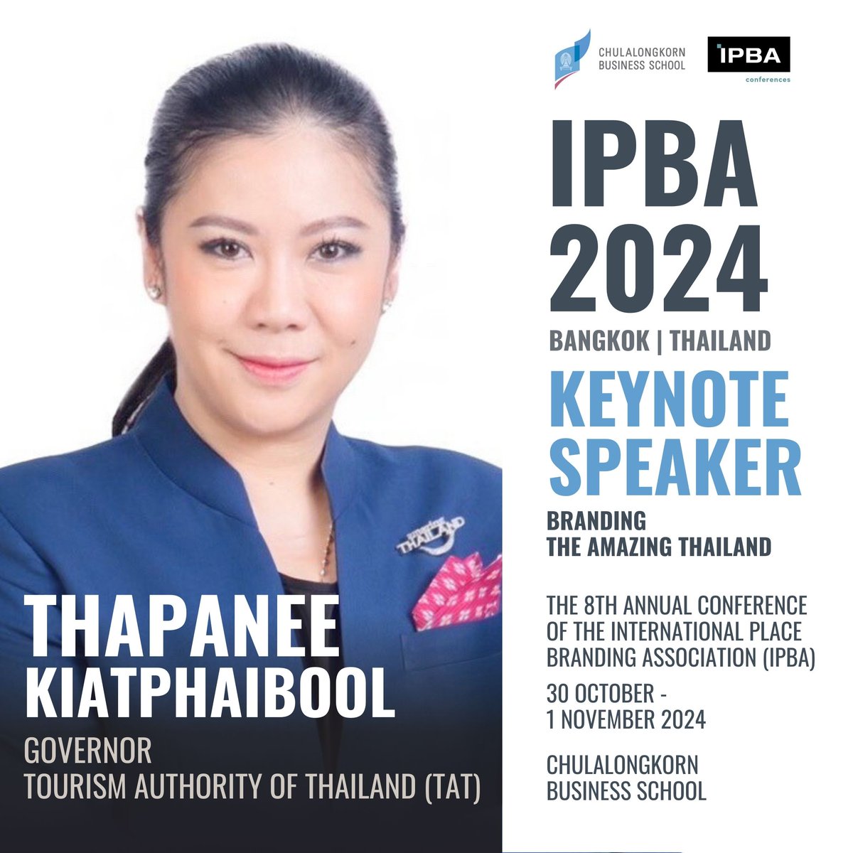 The registration deadline for IPBA2024 is tomorrow, 2 Oct ipba2024bangkok.com

We are excited to introduce Ms. Thapanee Kiatphaibool, Governor of the Tourism Authority of Thailand, as one of our keynote speakers.

#IPBA2024 #Bangkok #ChulalongkornBusinessSchool