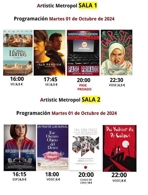 artmetropol's tweet photo. Nuestra programación para hoy martes 1
SALA 1
#Casaenllamas
#IslaPerdida
#PasePrivado
#TigerStripes
SALA 2
#Reflejosenunahabitación
#Eseoscuroobjetodeldeseo
#CursoHistoriadelcine
#ElGabinetedeldoctorCaligari
Entradas a la venta en
https://t.co/ZFuGBrhBLc https://t.co/DC8IVOyKTw
