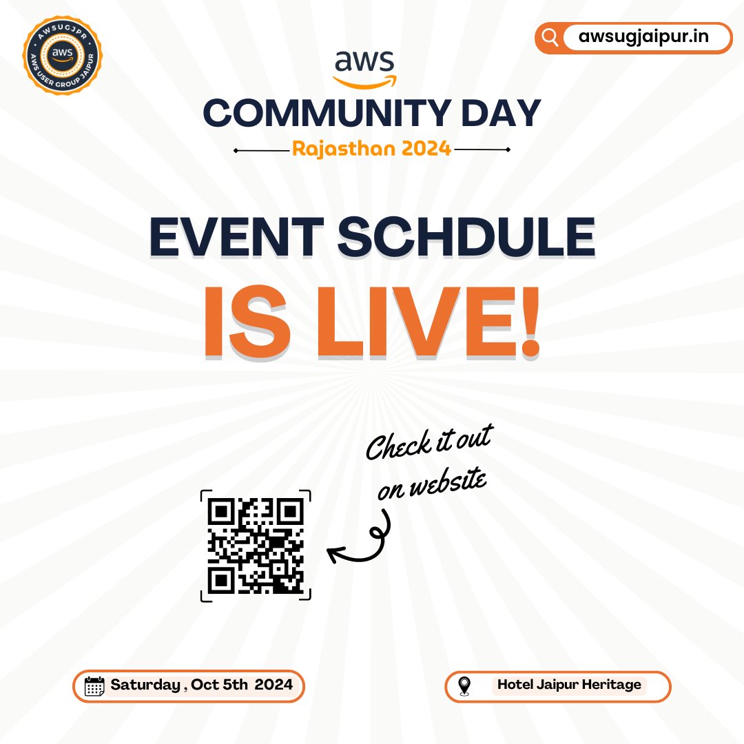 awsugjaipur's tweet photo. 🎉 Event Schedule is Live! 🎉Check out the amazing lineup of speakers, their talks, and topics for #ACDR24 on our website now! 
📅👉 See the schedule and register: https://t.co/UqIkxEhYgF
#AWSCommunityDay #TechEvent #CloudComputing #awsugjaipur https://t.co/f6dSGKLqvY