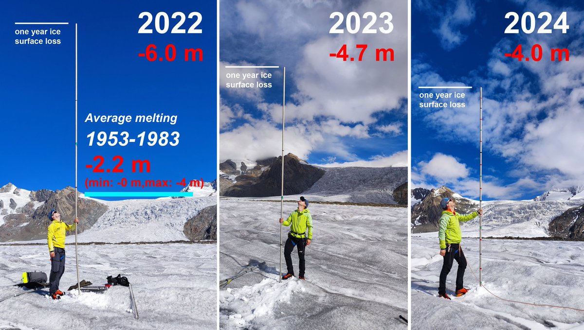 Locally, ice melt rates are hard to believe. Like here on Konkordiaplatz, in the middle of Great Aletschgletscher, on top of the thickest ice of the Alps.
The 4m ice layer removed in 2024 is less extreme than in 2022 and 2023 but still twice as high as in the 1950-1980 avg (3/n)
