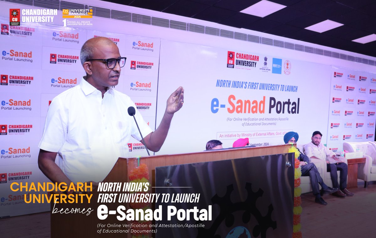 Chandigarh_uni's tweet photo. Chandigarh University Becomes North India's First & Second in India to Launch e-Sanad Portal, Revolutionizing Educational Verification and Services!
We are exhilarated to announce that Chandigarh University has become North India's FIRST and India’s SECOND university to launch the e-Sanad Portal, taking a giant leap towards revolutionizing the educational landscape.

In a prestigious ceremony, this mega initiative was launched by Mr. Dilip Kumar, IAS, Principal Secretary, Department of NRI Affairs, as the Chief Guest, alongside Mr. Sanyam Aggarwal, IAS, Director of Higher Education, Punjab, as the esteemed Guest of Honor.

The e-Sanad Portal will offer an innovative online solution for verification, attestation, and apostille of educational documents, ensuring a seamless, secure, and paperless process for students, alumni, and NRIs. Moreover, this initiative strengthens our commitment to providing world-class services to our global community.

We extend our heartfelt gratitude to our distinguished guests for joining us in this historic moment, as we continue to set benchmarks in higher education. 

Here’s to breaking new ground and leading innovation for our students' futures!

#eSanadPortal #eSanad #IAS #PrincipalSecretary #HigherEducation #ChandigarhUniversity