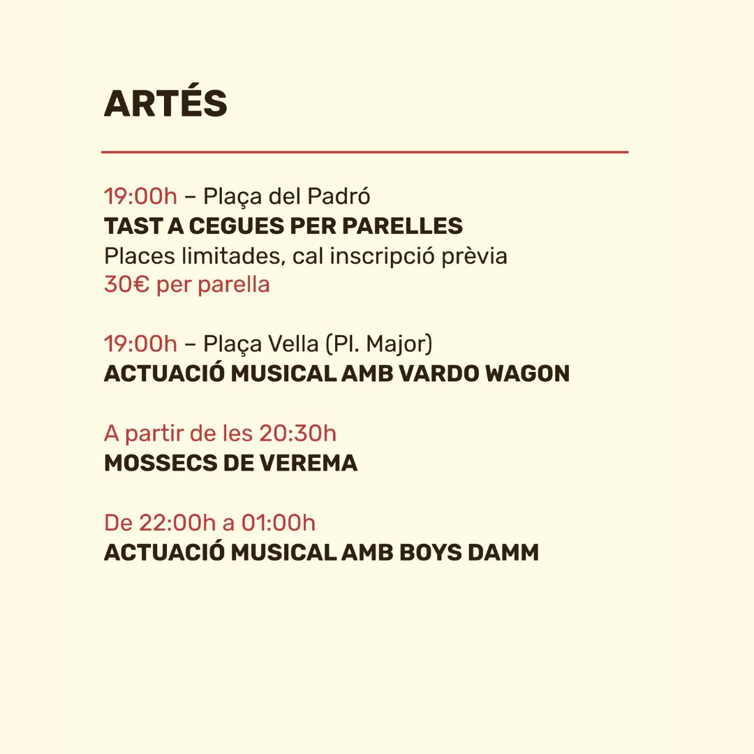 Els propers 5 i 6 d'octubre arriba la <a href="/VeremaBages/">Festa de la Verema del Bages</a> a Artés, un cap de setmana ple d'activitats per endinsar-nos a la cultura del vi amb cellers de la <a href="/dopladebages/">DO Pla de Bages</a> 

Us presentem el programa detallat de dissabte 5: visites guiades als cellers, joc de pistes, tastos, art i música