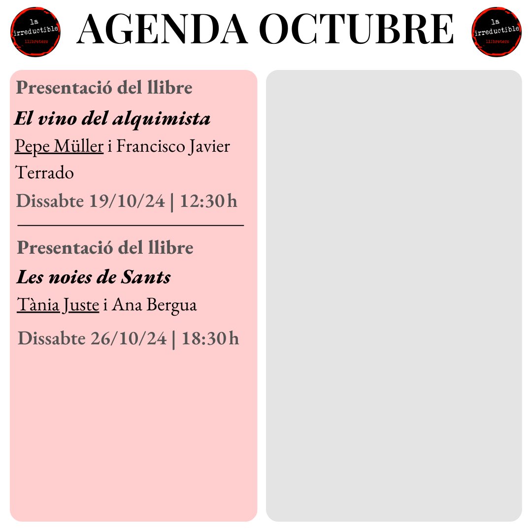 Octubre, el mes on finalment tot torna al seu lloc. <a href="/LoCritPonent/">Lo Crit</a>, <a href="/gemmasins/">Gemma Asins</a>, <a href="/teresaibars/">teresa ibars</a>, @_juliapero, #PepeMüller, <a href="/TaniaJusteBooks/">Tània Juste libros</a>, <a href="/patacfest/">Patac Fest Lleida</a>… Uneix-te tu també a la tardor literària de la irreductible. 🍁♥️🖤