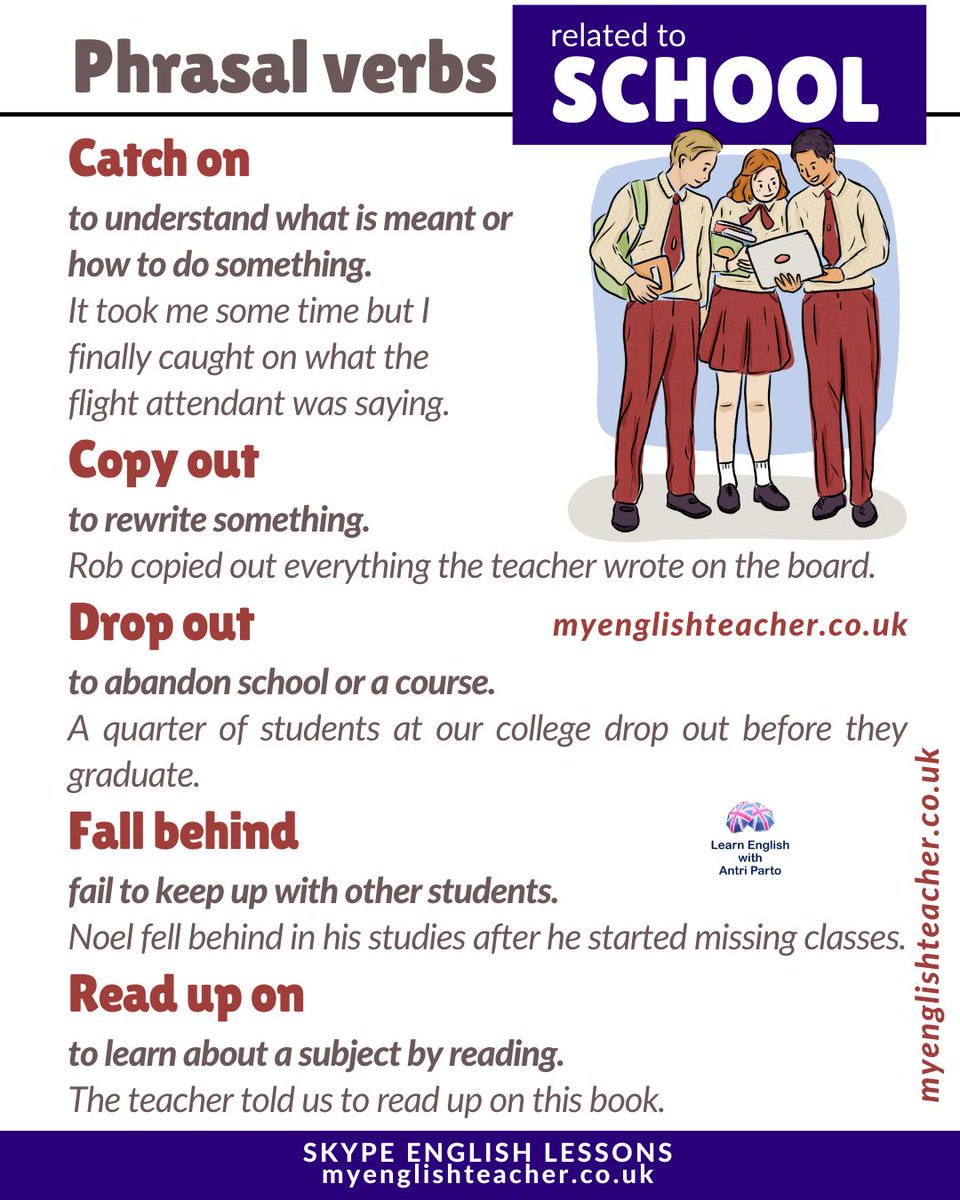 MyLinguaAcademy's tweet image. Learn 18 phrasal verbs related to school and education
buff.ly/3ZKL0vi