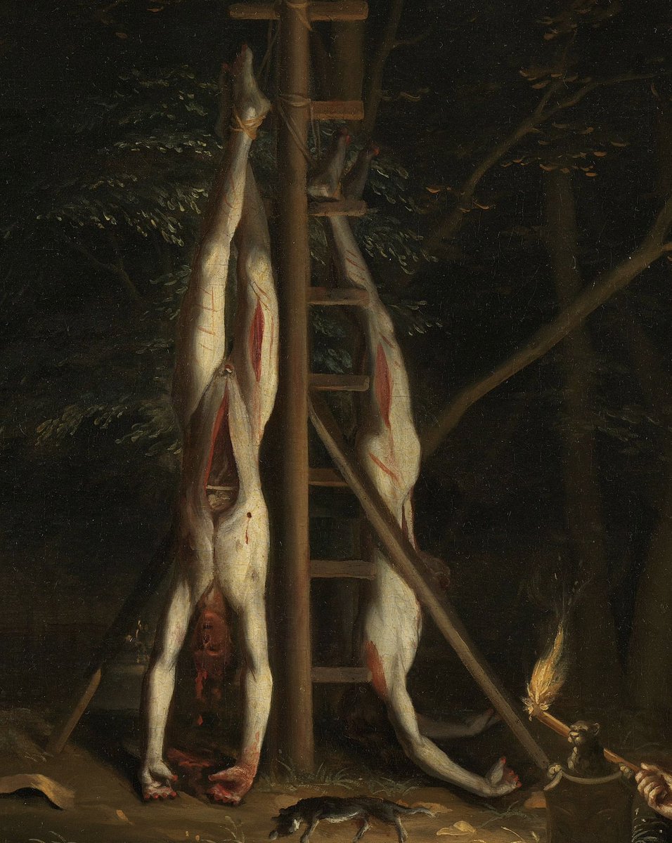 rolvatore's tweet photo. The Corpses of the De Witt Brothers (c. 1672–75)
By
Attributed to Jan de Baen (1633–1702)

The Corpses of the De Witt Brothers, is an oil on canvas painting created by Dutch Golden Age artist Jan de Baen, likely between 1672 and 1675. Currently housed in the Rijksmuseum in Amsterdam, the artwork depicts the dead and mutilated bodies of brothers Johan and Cornelis de Witt, suspended upside down at the Groene Zoodje, the site of their execution located in front of the Gevangenpoort in The Hague.

The two De Witt brothers were prominent figures in Dutch politics and staunch opponents of the House of Orange. They had dominated the political landscape for years but left the nation vulnerable to invasion during the infamous Rampjaar in 1672, when Louis XIV of France launched an attack. On August 20, 1672, a furious mob—supporters of the newly appointed stadtholder William of Orange, who would later become William III of England—lynched the brothers after a series of political events led to their downfall. Following Johan’s forced resignation as Grand Pensionary of Holland on August 4, 1672, Cornelis was accused of treason and sentenced to exile. The brothers were ultimately murdered by an enraged local militia and mob outside the Gevangenispoort.

This painting has been a notable piece in the national history collection since it was purchased by Alexander Gogel in 1802 for nearly 1,000 guilders. It has been continuously displayed, often in rooms dedicated to anatomical themes due to its graphic content. Originally acquired for the National Kunst Galerie in The Hague, the painting faced initial skepticism regarding its attribution and presentation, with Cornelis Sebille Roos recommending that it be covered with a curtain. It was later reattributed to Jan de Baen shortly after its purchase.