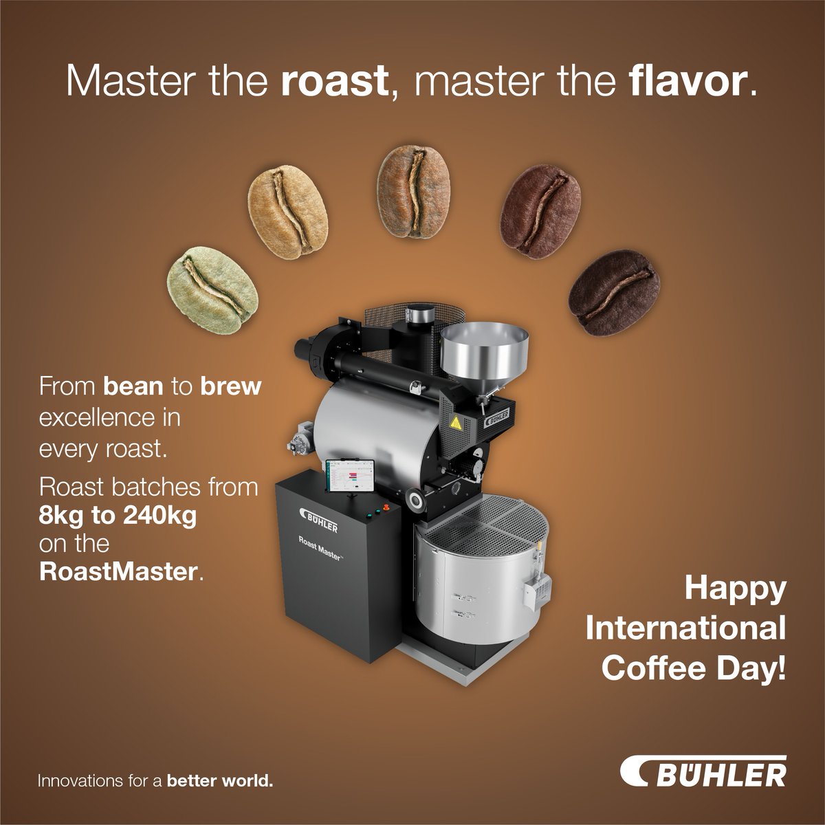 🌎 Happy International Coffee Day☕ 
At Bühler, we celebrate the art and science of coffee roasting with our RoastMaster series, designed to deliver exceptional quality and flavor in every cup. 
#internationalcoffeeday #innovationsforabetterworld #roastmasterseries