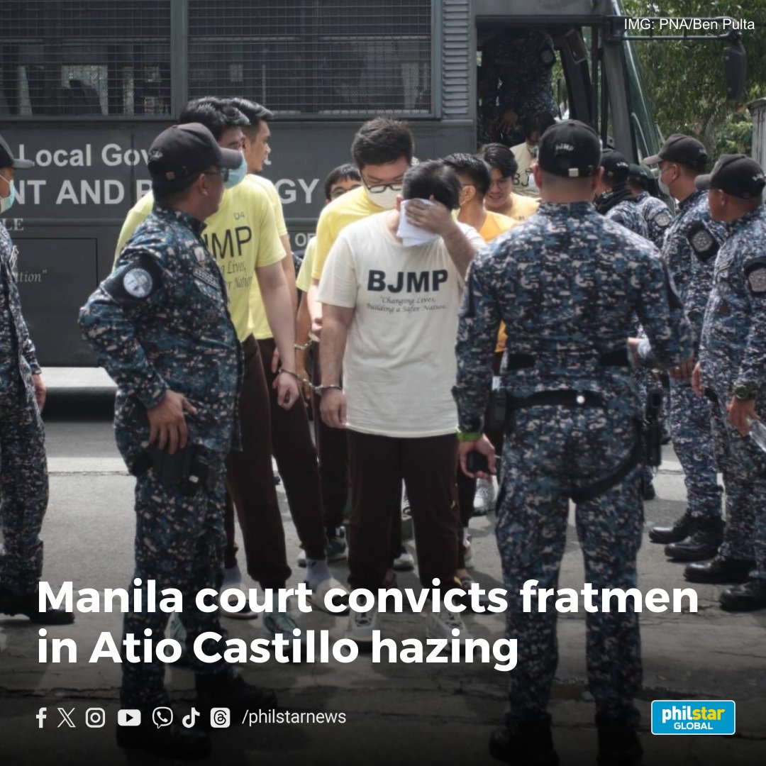 THEY WERE SENTENCED TO A PENALTY OF RECLUSION PERPETUA, OR LIFE IMPRISONMENT

Read: philstar.com/headlines/2024…

Manila Regional Trial Court Branch 11 on Tuesday, October 1 convicts the members of Aegis Juris fraternity who were involved in the hazing of University of Santo Tomas