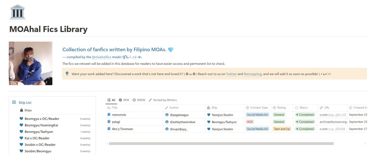 ICYM: there are 3 works already in our library! if you haven't read it yet, check out our website for the links and show your support to our moahal writers. 🩵

📖 moahalfics.notion.site/MOAhal-Fics-Li…