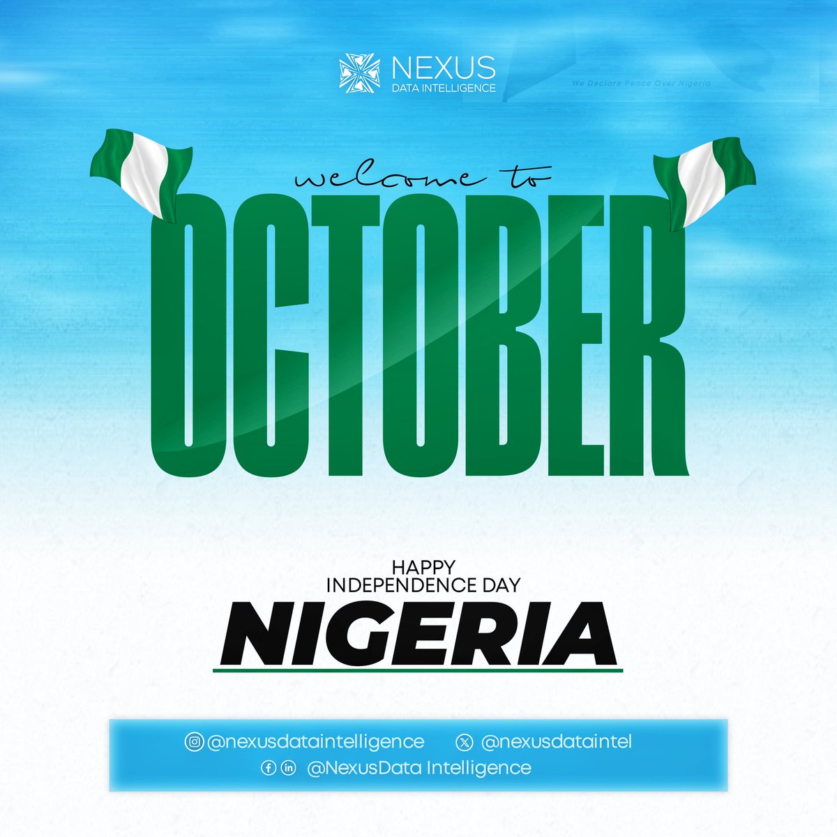 NDIntelligence's tweet image. Happy New Month & Happy Independence Day, Nigeria! May this month bring growth & prosperity. May our nation continue to rise. #NigeriaAt63 #October #NewMonthNewGoals #NexusDataIntelligence