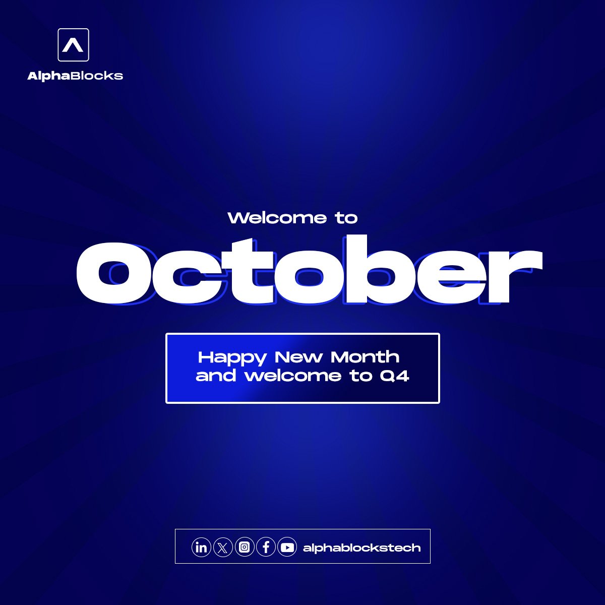 AlphaBlocksTech's tweet image. Q4 is here! 

Endevour to reset, refocus, and conquer new goals 💪 

Happy New Month, frens 🚀

#Uptober #Alphablocks #Web3Community