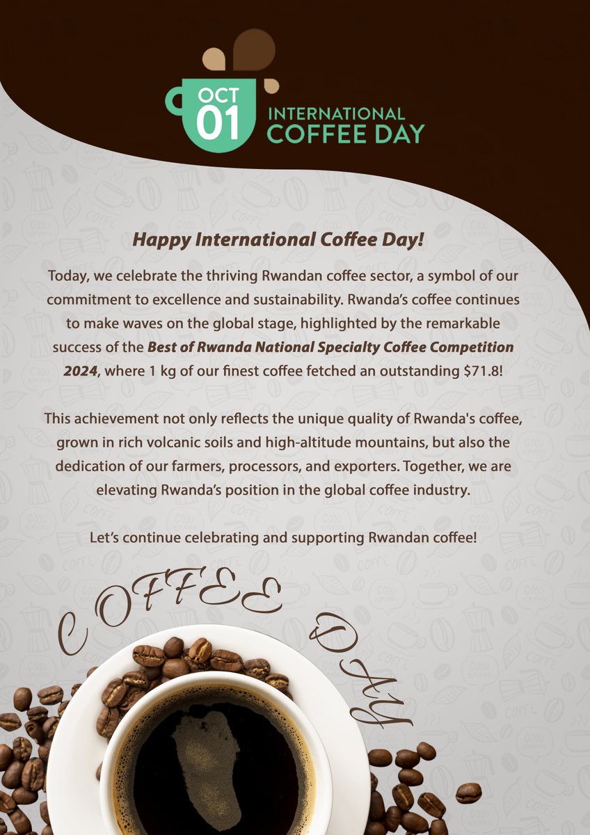 NAEB (@rwandagriexport) on Twitter photo 🌍☕ Happy International Coffee Day! ☕🌍
Today, we celebrate the thriving Rwanda coffee sector, a symbol of our commitment to excellence and sustainability.
#ICD2024 #RwandaCoffee #ASecondSunrise
<a href="/SpecialtyCoffee/">Specialty Coffee Association</a> 🌍☕ Happy International Coffee Day! ☕🌍
Today, we celebrate the thriving Rwanda coffee sector, a symbol of our commitment to excellence and sustainability.
#ICD2024 #RwandaCoffee #ASecondSunrise
<a href="/SpecialtyCoffee/">Specialty Coffee Association</a>