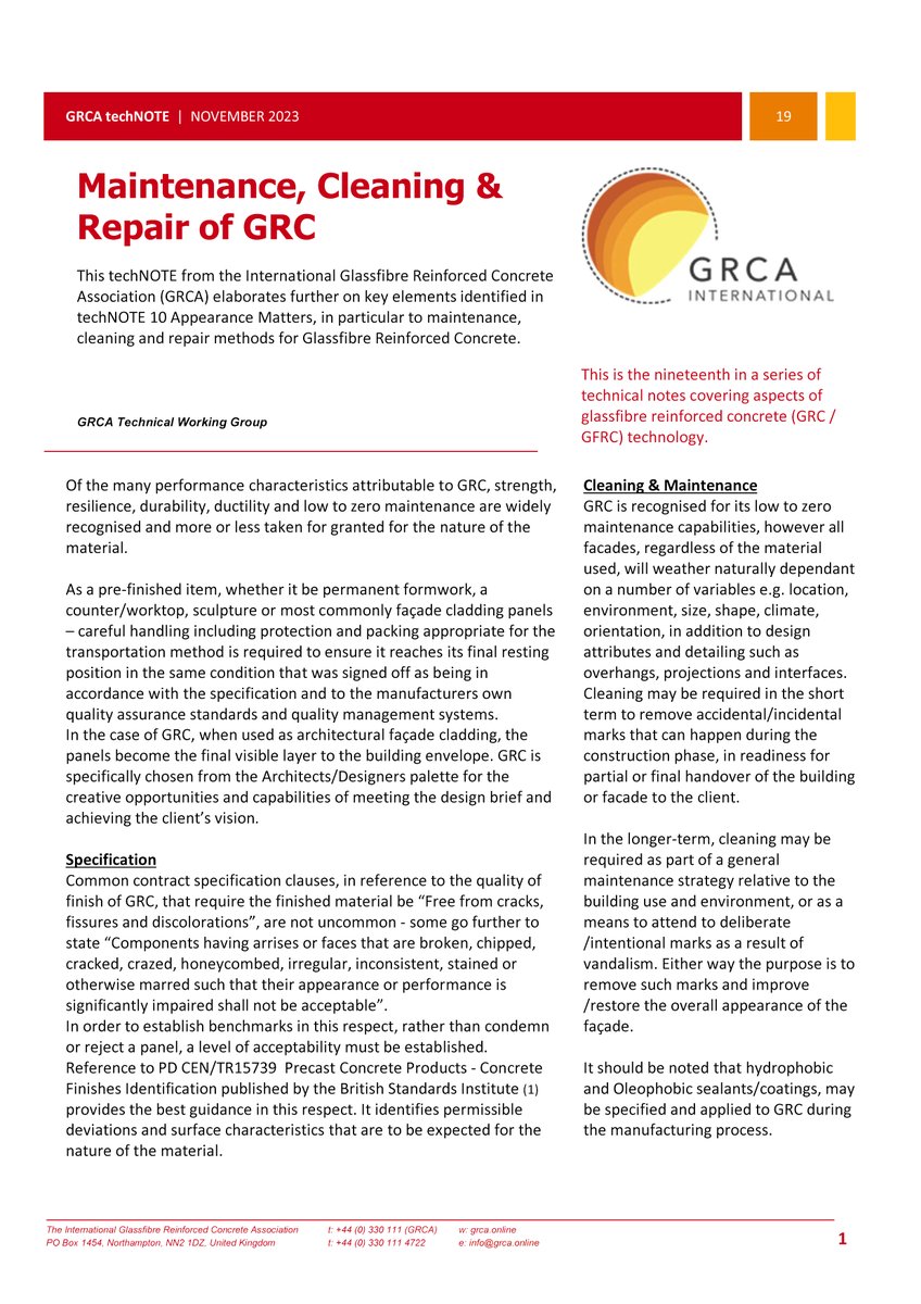 #GRCA #TechnicalTuesday;
"Maintenance, Cleaning &amp; Repair of GRC"
@grcassociation has technical documents on glassfibre reinforced concrete #GRC / #GFRC specification manufacture &amp; use
19th is techNOTE 19 - Maintenance, Cleaning &amp; Repair of GRC available at grca.online/contentfiles/n…