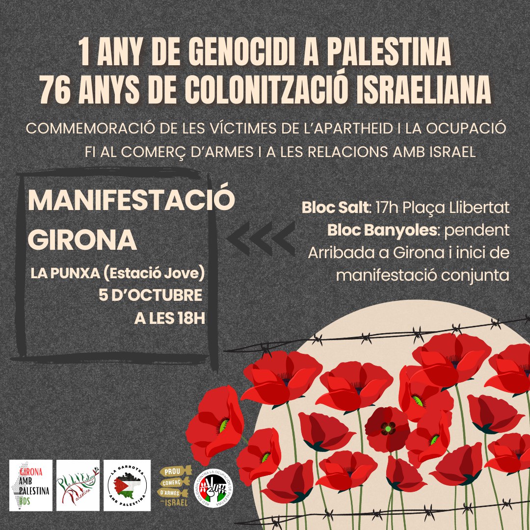 Dissabte hi tornem. Per totes les víctimes, per la justícia i la humanitat. Que la història no ens recordi per la nostra complicitat.

18h - La Punxa

🇵🇸🇵🇸🇱🇧🇱🇧