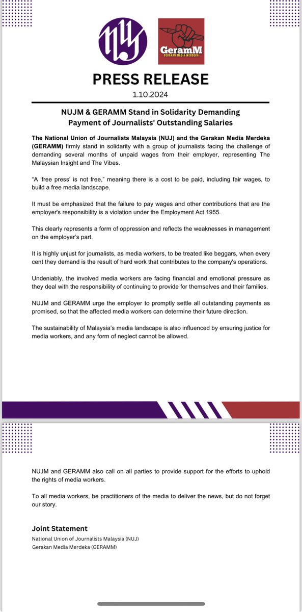 MediaGeramm's tweet photo. Kepada Rakan Media,

Berikut adalah kenyataan media bersama dari NUJ dan GERAMM berkenaan isu tunggakan gaji wartawan The Malaysian Insight &amp; The Vibes. https://t.co/2wWo2Ih0xw