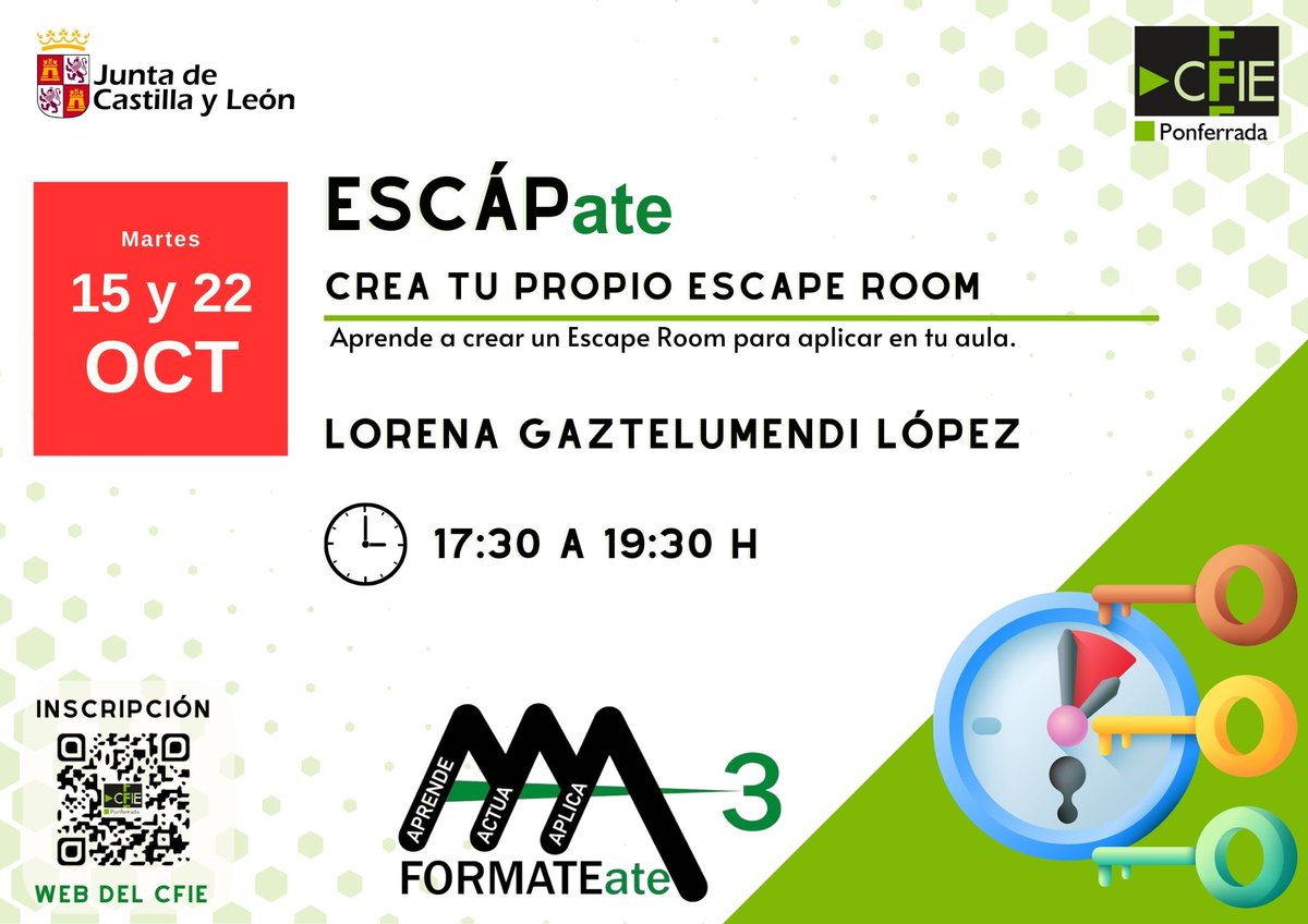CFIE_Ponferrada's tweet photo. 💊1ª PÍLDORA #FORMATEate convocada💊
ESCÁPate de la rutina del aula creando tu propio Escape Rom y sorprende a tu alumnado
15 y 22 OCT
La Dra. Gaztelumedi guiará tu camino hacia la salida de ludificar tu aula
ℹ️+🖊️https://t.co/oL1Wm3zcsz
Inscripción hasta 10 de OCT
#formacioncyl https://t.co/Pfeky20VDF