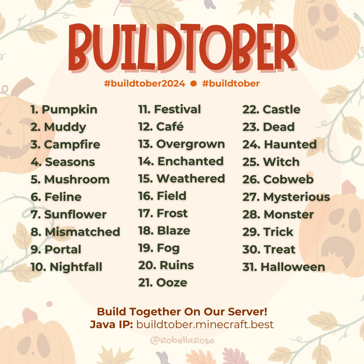 Join me tomorrow to kick off this super fun build event! More info on my Discord ❤️

#buildtober #buildtober2024