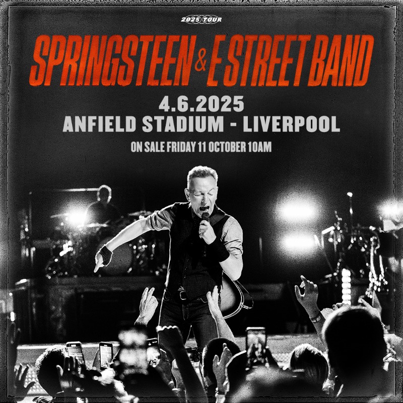 LFC's tweet photo. Legendary best-selling artist Bruce Springsteen and The E Street Band will play at Anfield next summer as part of their 2025 European tour run 🙌🎶