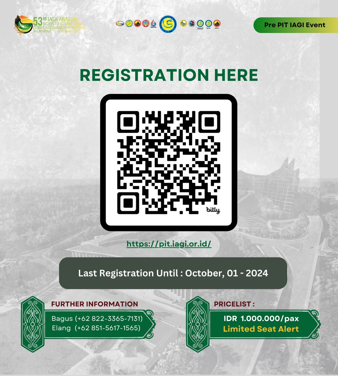 iagi_official's tweet photo. IAGI invites participants of The 53rd IAGI Annual Scientific Meeting, Convention, and Exhibition to visit the new capital of Indonesia through the One Day Special Trip to IKN Nusantara.
Register yourself via the link https://t.co/4kzhVv8Gmf, because seats are limited!
#IKN #IAGI https://t.co/gLrZ67c0kN