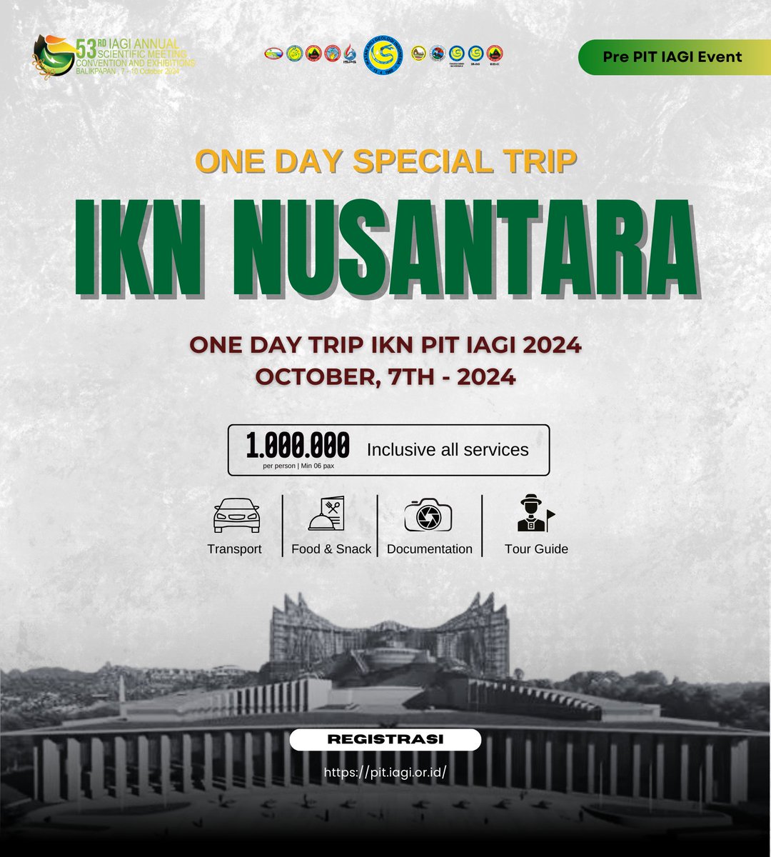 iagi_official's tweet photo. IAGI invites participants of The 53rd IAGI Annual Scientific Meeting, Convention, and Exhibition to visit the new capital of Indonesia through the One Day Special Trip to IKN Nusantara.
Register yourself via the link https://t.co/4kzhVv8Gmf, because seats are limited!
#IKN #IAGI https://t.co/gLrZ67c0kN