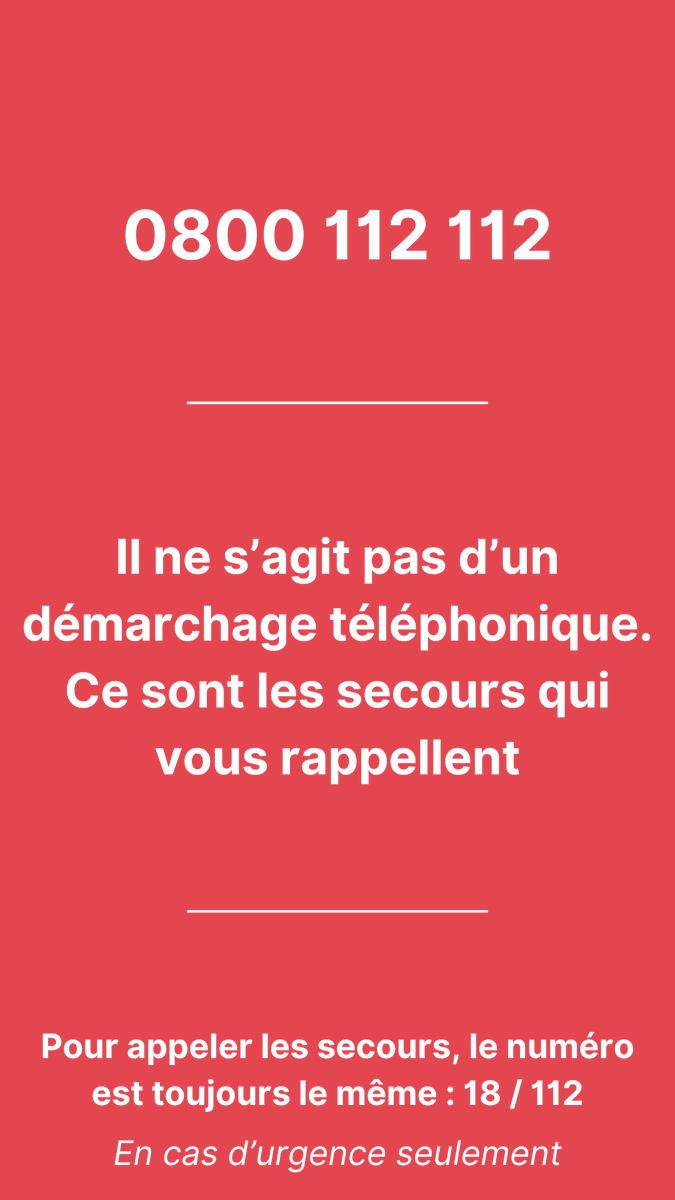 Sdis76's tweet image. 🔔 Information importante 🔔

Tous les appels émis par les opérateurs du 18/112 seront identifiés par le numéro 0800 112 112.

➡️ Ce numéro sera également utilisé par le SAMU et la Gendarmerie.

👉 Les numéros d’urgence pour contacter les secours restent inchangés.
