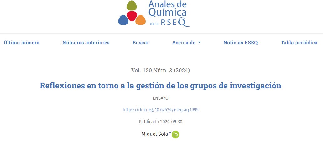 En el último número de <a href="/analesdequimica/">analesdequímica</a> podéis encontrar unas "Reflexiones en torno a la gestión de los grupos de investigación" sobre las que podéis estar más o menos de acuerdo.  #openaccess analesdequimica.es/index.php/Anal…