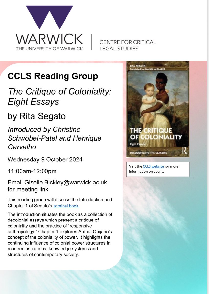 Perpetua Adar (@perpetuaadar) on Twitter photo 📣📣 <a href="/WarwickCCLS/">Centre for Critical Legal Studies</a> reading group is back!
The wonderful <a href="/CSchwobelPatel/">Christine Schwobel-Patel</a> and <a href="/HRDCCarvalho/">Henrique Carvalho</a> will introduce the first of our reading series (intro and Chap 1)
You are welcome to
…Listen 👂🏾🎧
…Share thoughts 💭 💬
…Pose questions✋🏾🙋🏾♀️
It’s an open space, feel free to join! 📣📣 <a href="/WarwickCCLS/">Centre for Critical Legal Studies</a> reading group is back!
The wonderful <a href="/CSchwobelPatel/">Christine Schwobel-Patel</a> and <a href="/HRDCCarvalho/">Henrique Carvalho</a> will introduce the first of our reading series (intro and Chap 1)
You are welcome to
…Listen 👂🏾🎧
…Share thoughts 💭 💬
…Pose questions✋🏾🙋🏾♀️
It’s an open space, feel free to join!
