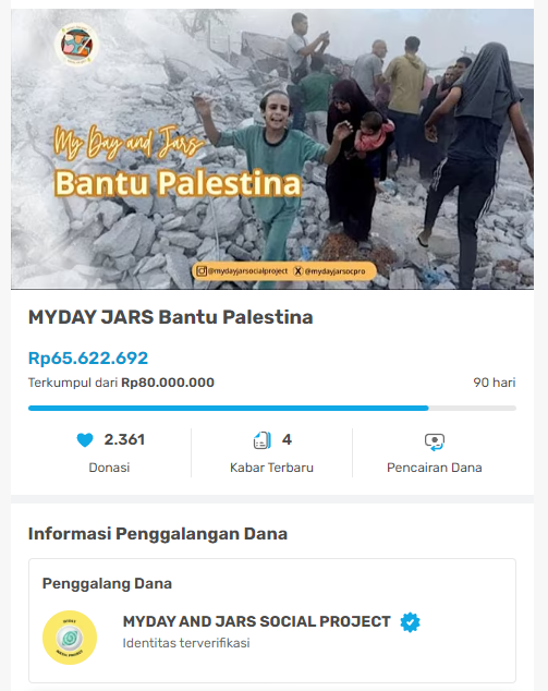 [REOPEN MYDAY JARS BANTU PALESTINA]

Halo #myday, #jars dan #orangbaik
galang dana untuk Palestina, kami buka lagi dengan link donasi sama ya.
kitabisa.com/campaign/myday…

seluruh proses penyalurannya nanti akan dibantu oleh tim KitaBisa