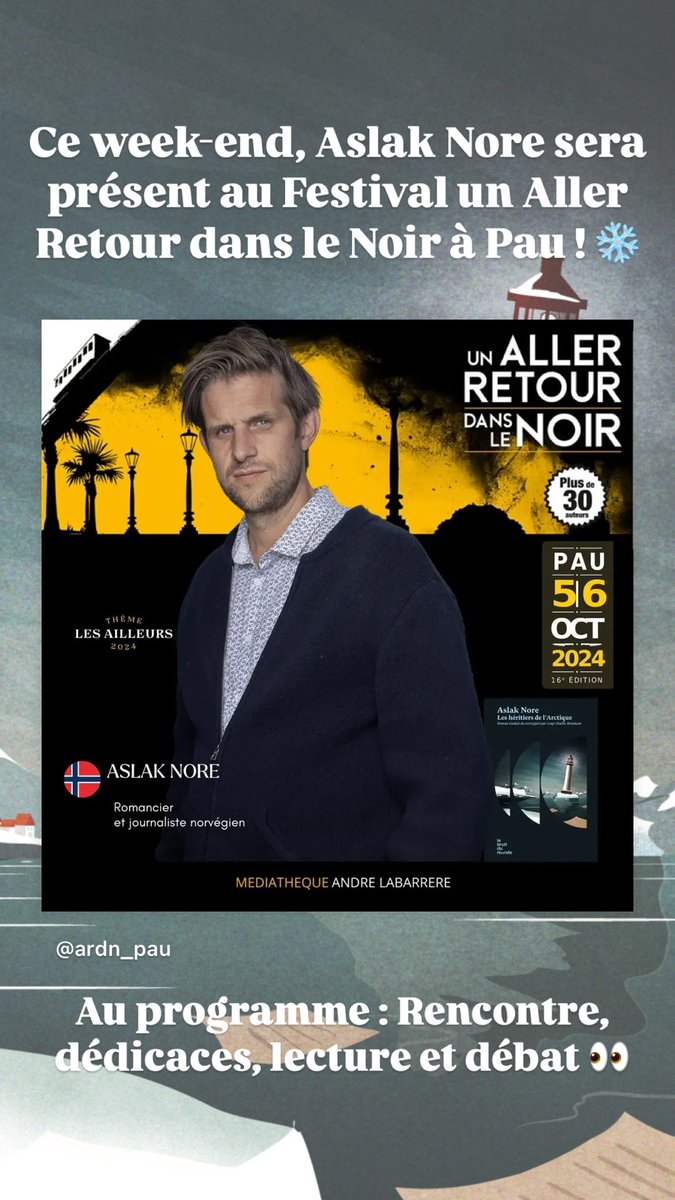 BruitMonde's tweet photo. Ce week-end retrouvez @aslaknore au Festival un Aller Retour dans le Noir à Pau

Où le rencontrer pendant le salon
04/10 | 14h30 | Rencontre  
04/10 | 18h30 | Rencontre
05/10 | 16h10 | Lecture dans le noir
06/10 | 14h30 | Débat
05/10 - 06/10 | Dédicaces 

https://t.co/8HSCHE6Bmx https://t.co/TENQ8OCORh