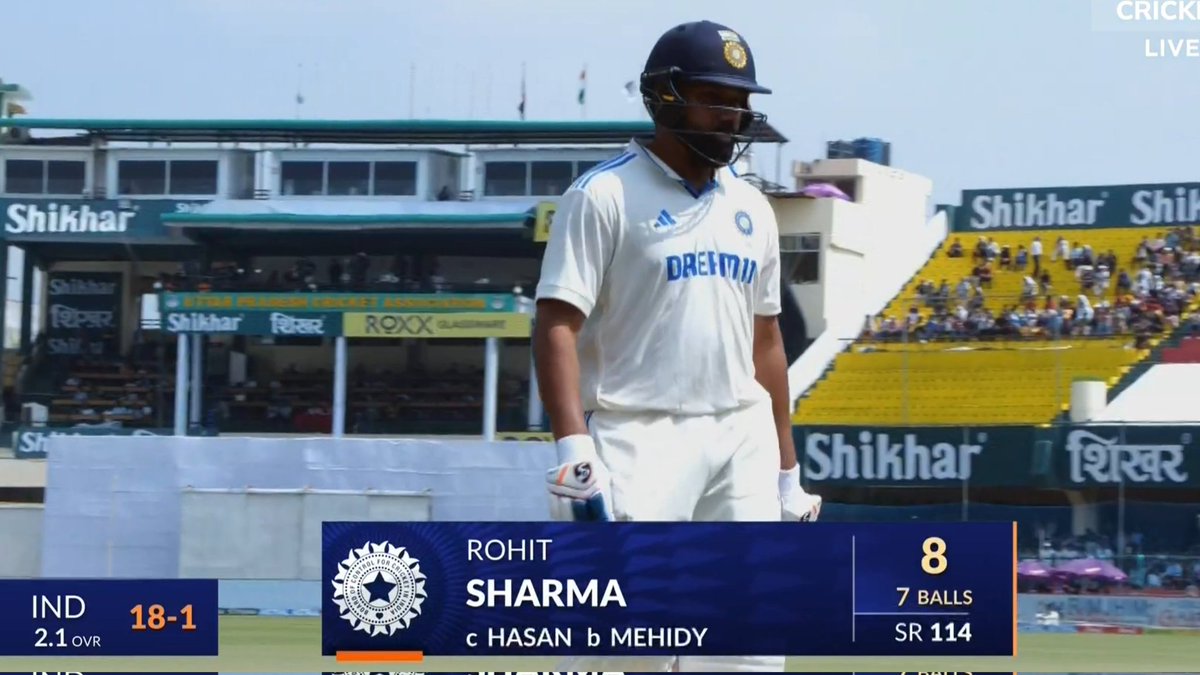 AapKiShivaniDi's tweet photo. A Standing Ovation for Captain Rohit Sharma despite being out early 8(7).
#SelflessCaptain #KanpurCrowd https://t.co/AmU25gViuv