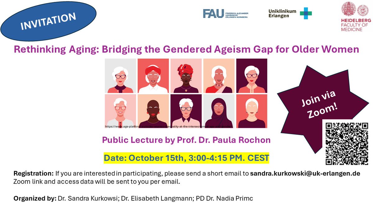 sabethlang's tweet photo. 📢 Update: Date change!
The Public Lecture by Prof. Dr. Paula Rochon, "Rethinking Aging: Bridging the Gendered Ageism Gap for Older Women," will now take place on October 15th from 3:00-4:15 PM CEST.
Don’t miss it! #ageism #PublicHealth #GenderEquality https://t.co/1V1z22NSLW