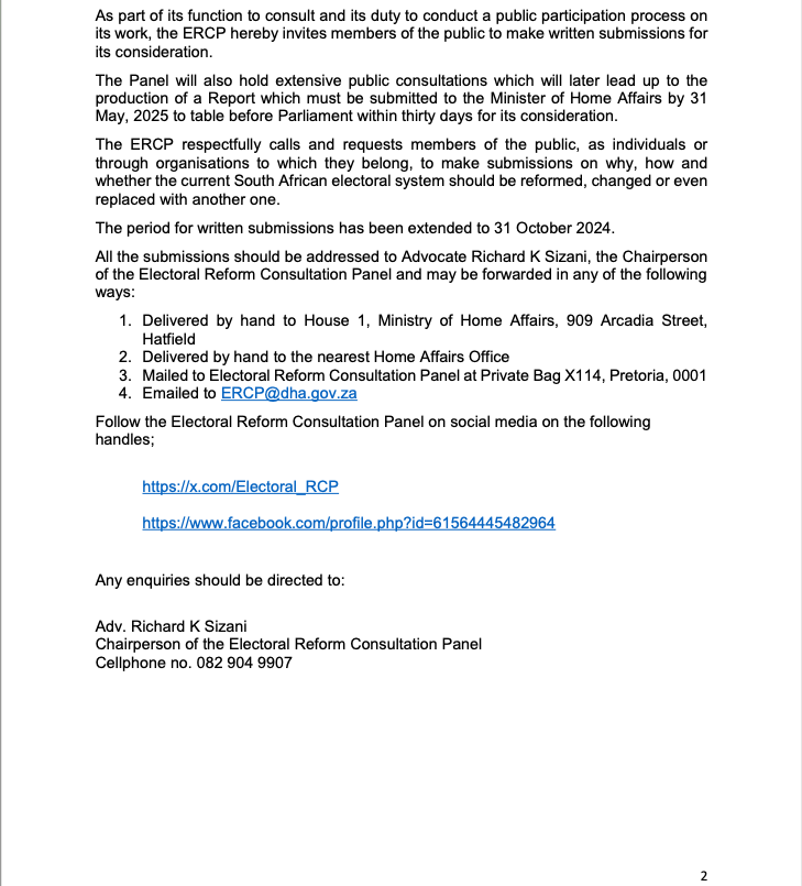 Electoral_RCP's tweet photo. The call for submissions from the public on the reform of the Electoral System for the National Assembly and Provincial Legislatures has been extended to 31 October 2024 #ECRP LISTEN Here: https://t.co/2z5gx1wwhN https://t.co/Tnxxxce5VT